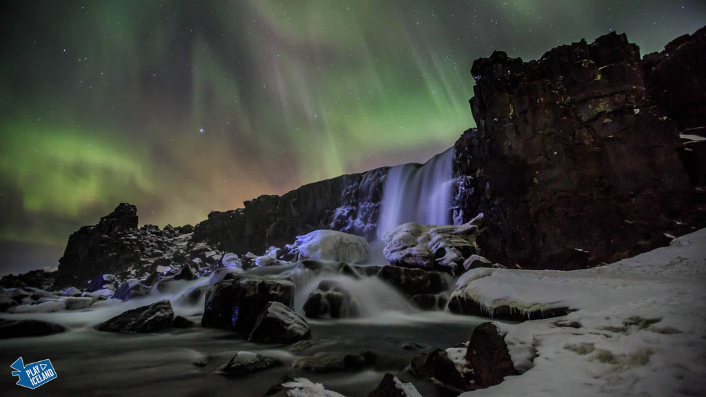 Oxarfoss Thingvellir South of Iceland bathed in Northern Lights